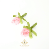 Girls Hair Clips Springtime Tulip Flowers Pink Green Clip-On Set of 2