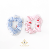 Girls Hair Scrunchies Gingham &amp; Strawberries Blue &amp; Pink Set of 2 OS