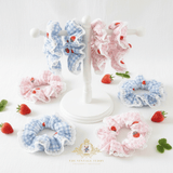 Girls Hair Scrunchies Gingham &amp; Strawberries Blue &amp; Pink Set of 2 OS