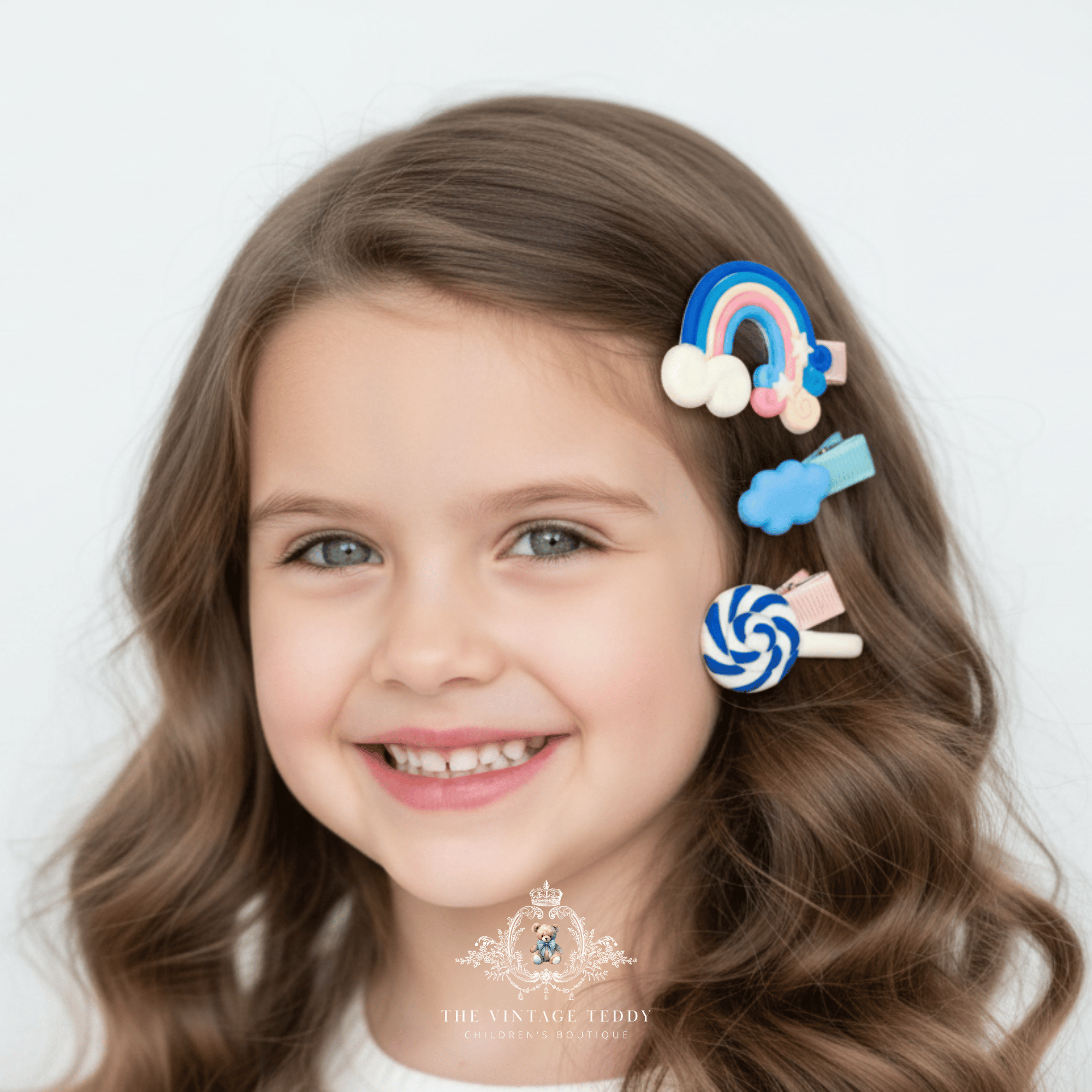 Girl wearing blue rainbow and lollipop hair clips – children's hair accessories styled on model from The Vintage Teddy boutique