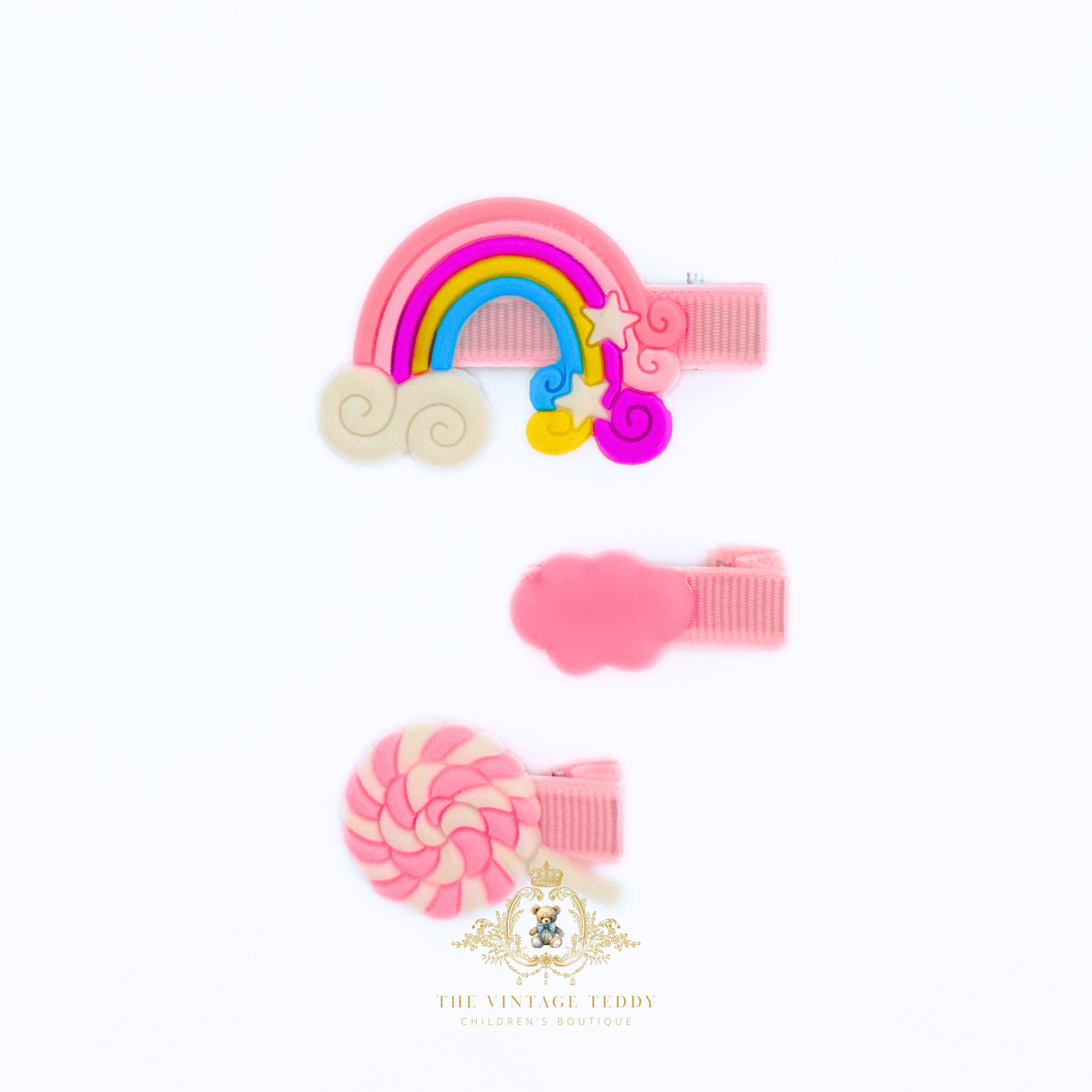 Pink rainbow and lollipop hair clips for girls – children's hair accessories from The Vintage Teddy boutique
