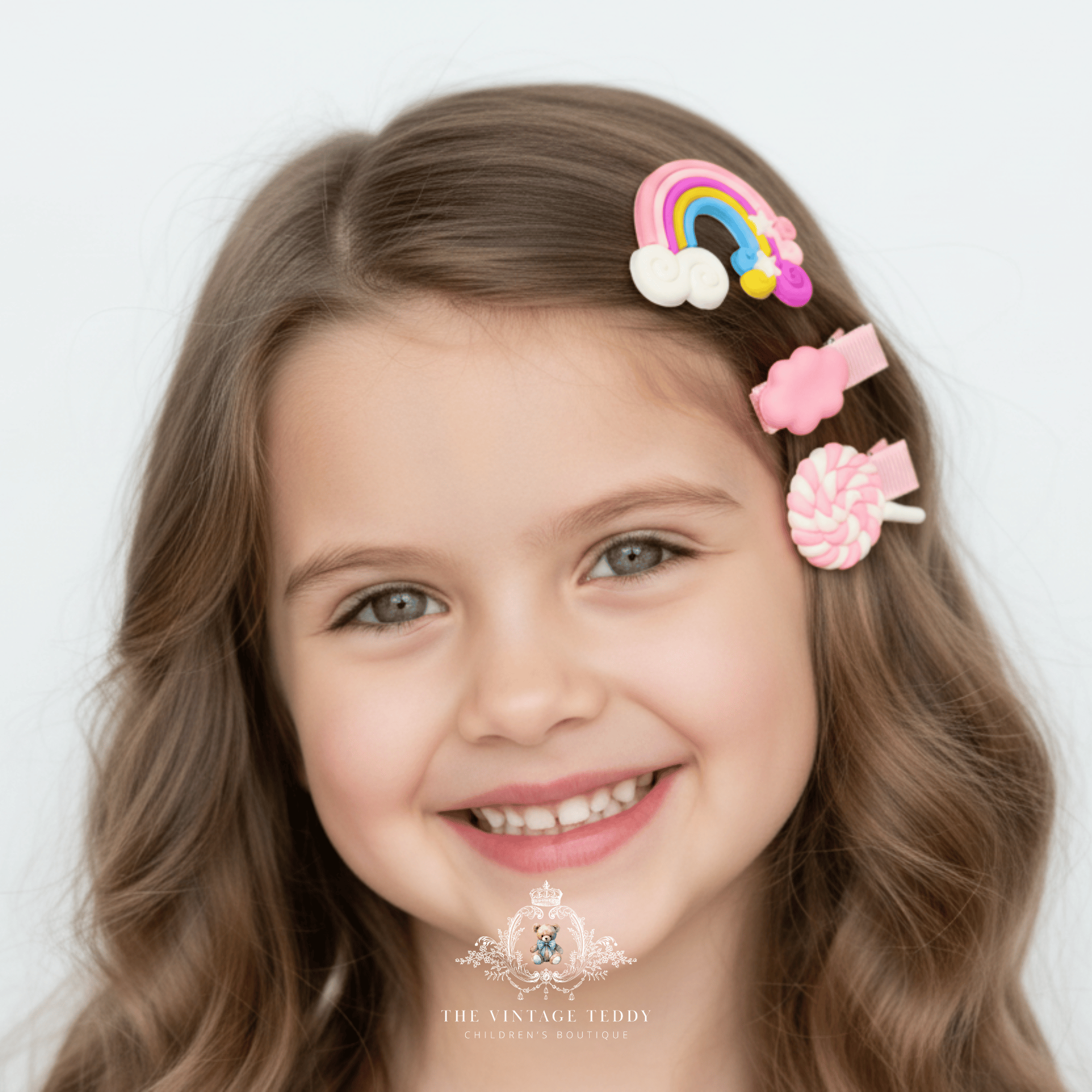 Girl wearing pink rainbow and lollipop hair clips – children's hair accessories styled on model from The Vintage Teddy boutique