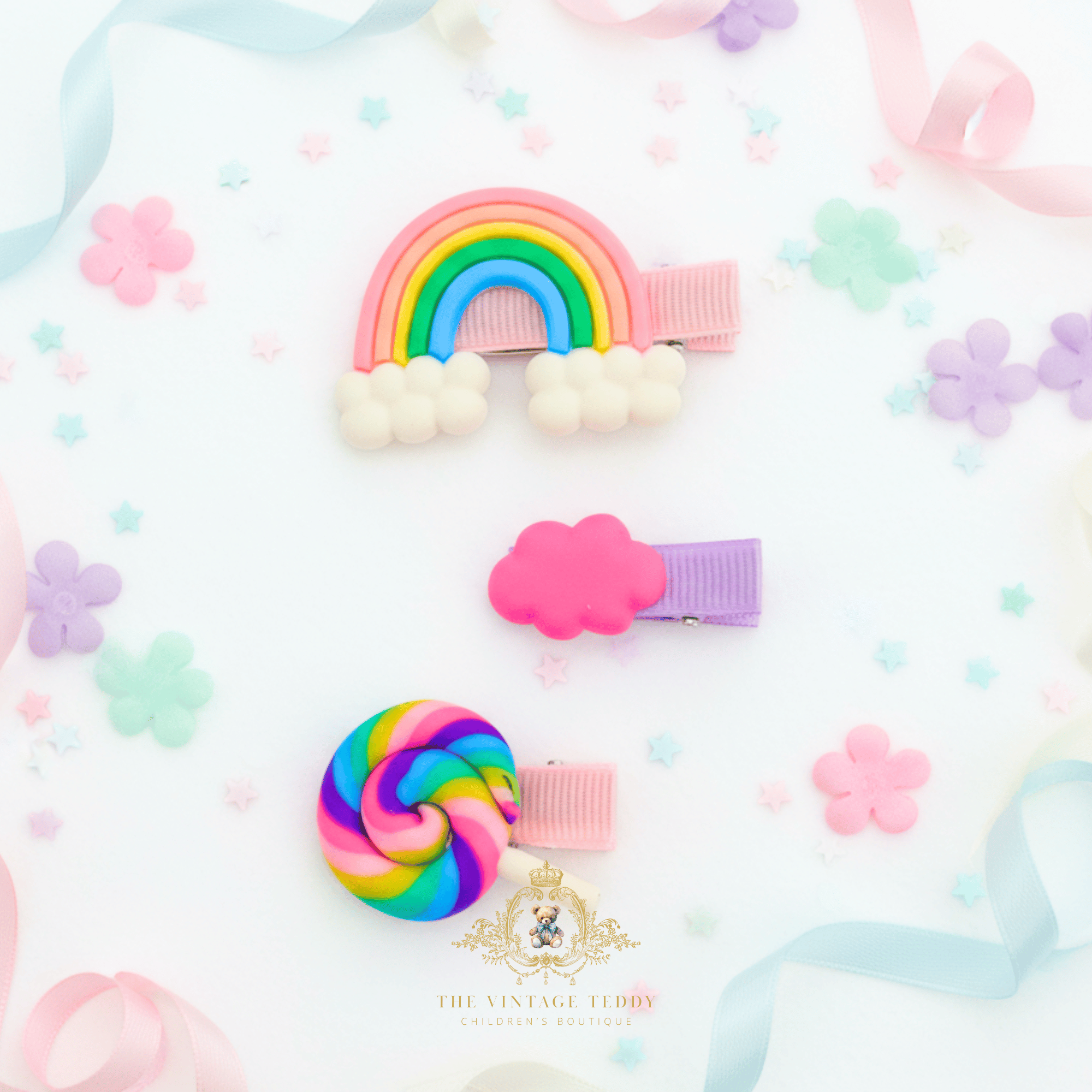 Purple rainbow and lollipop hair clips for girls – flat lay mockup of children's hair accessories from The Vintage Teddy boutique