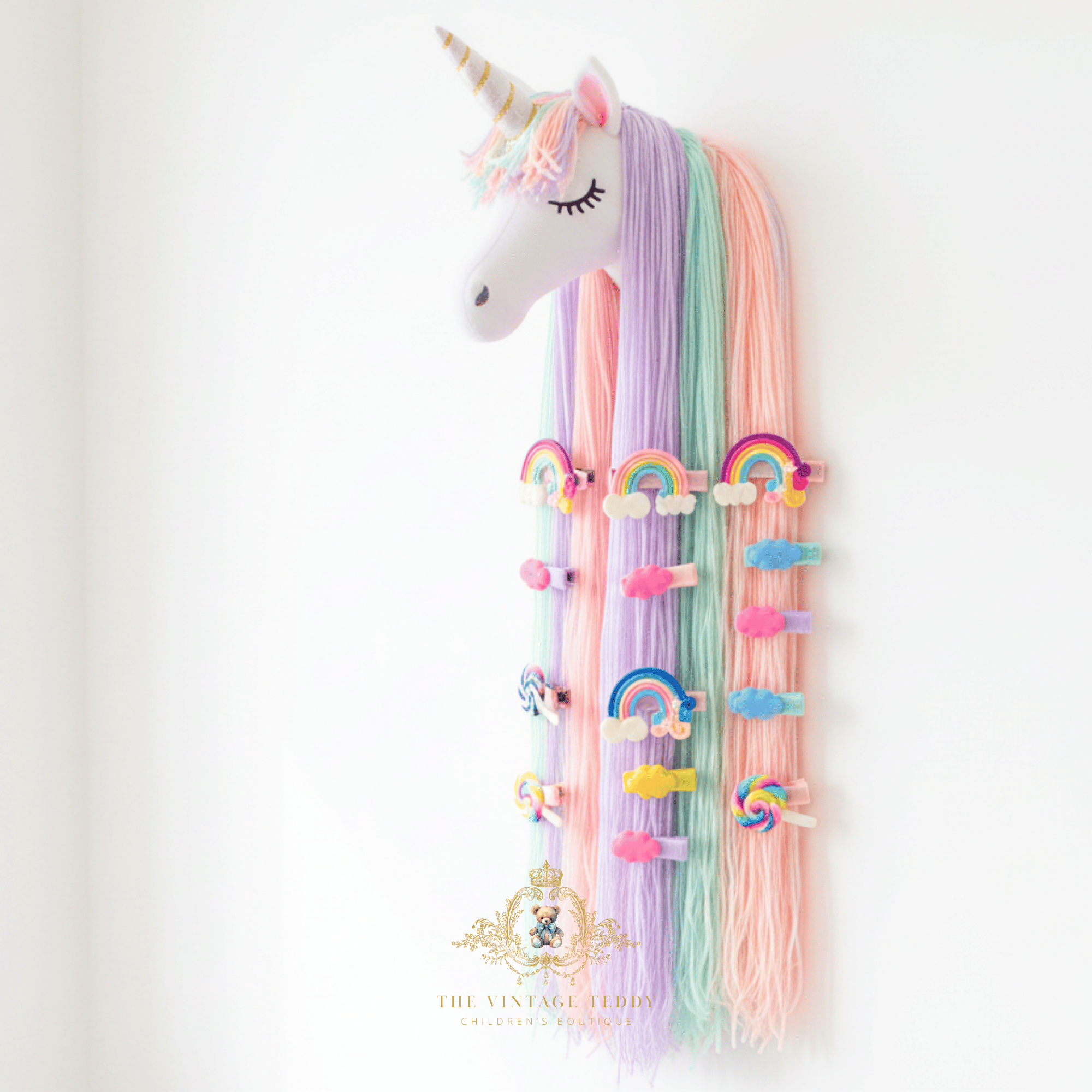 Nursery wall decor, Unicorn hair accessories holder for girls –  displaying rainbow & lollipop hair clips from The Vintage Teddy Boutique