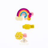 Yellow rainbow and lollipop hair clips for girls – cute children's accessories from The Vintage Teddy boutique
