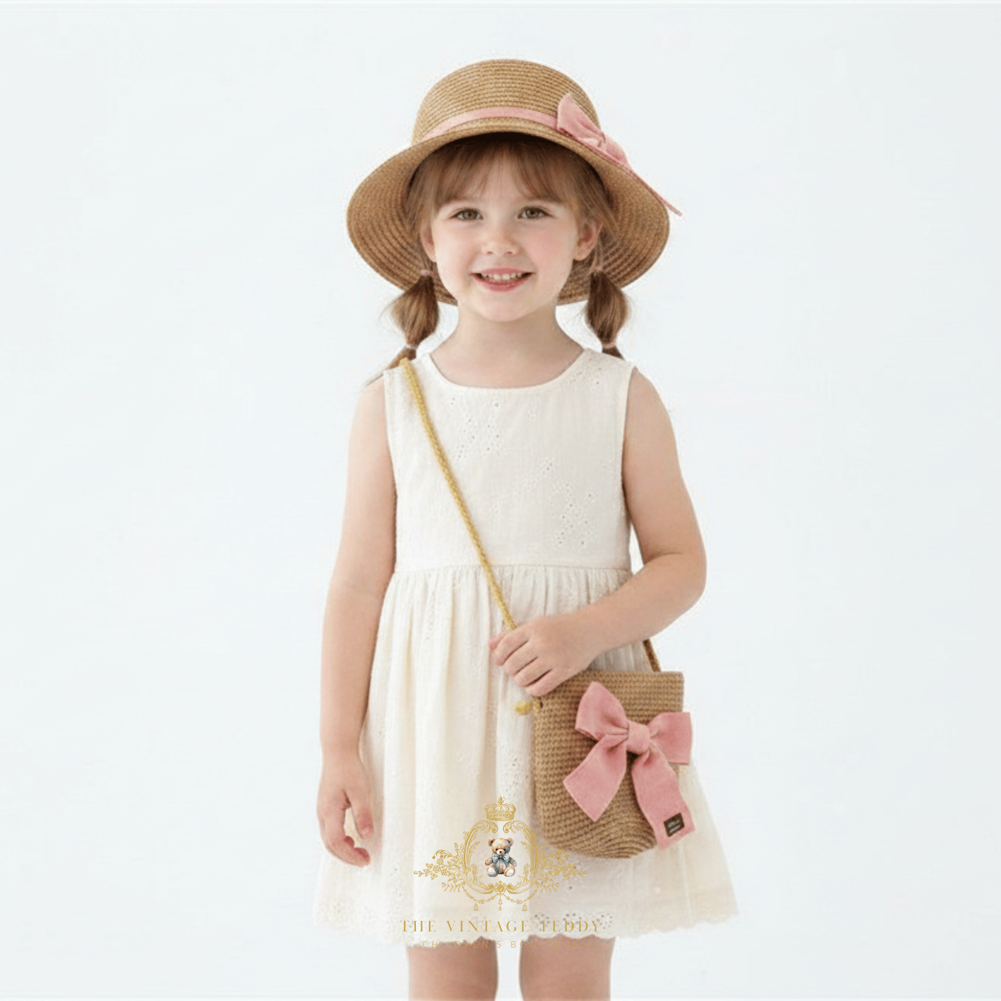 A young girl wearing a straw sun hat and matching handbag, smiling in a white children's dress, the kids accessories is adorned with a pink ribbon, in bright background studio setting. The Vintage Teddy's brand logo is visible at the bottom of the image.