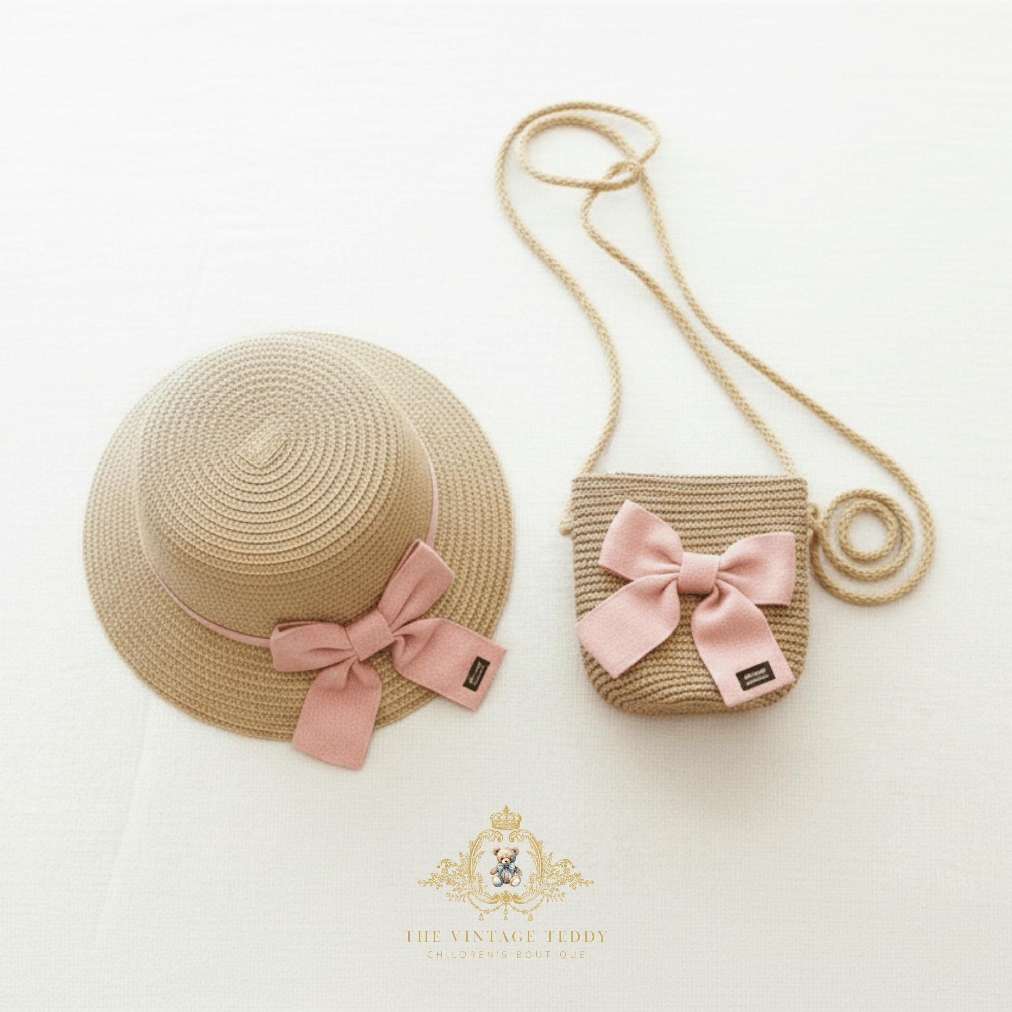 A straw sun hat and matching woven crossbody bag with pink ribbon bows for kids, arranged on a light neutral background. A small black label is attached to each bow, and a decorative 'The Vintage Teddy' logo appears below the items.