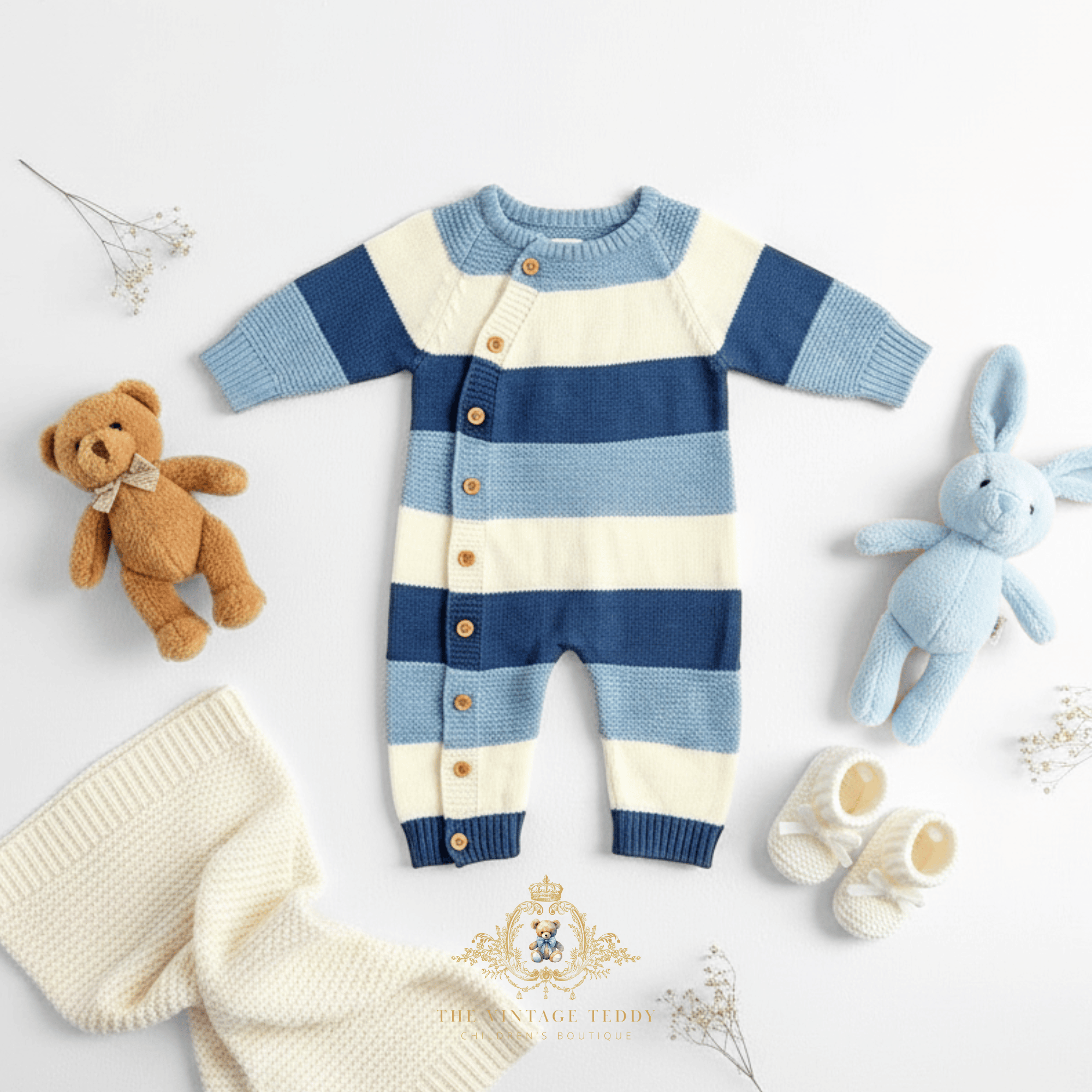 A baby boys knit one-piece romper with horizontal blue and white stripes, styled in a flat lay with a brown teddy bear, blue bunny toy, booties, and a cream knit blanket with baby's breath flowers on a white background. The Vintage Teddy logo firmly stamped at the bottom.