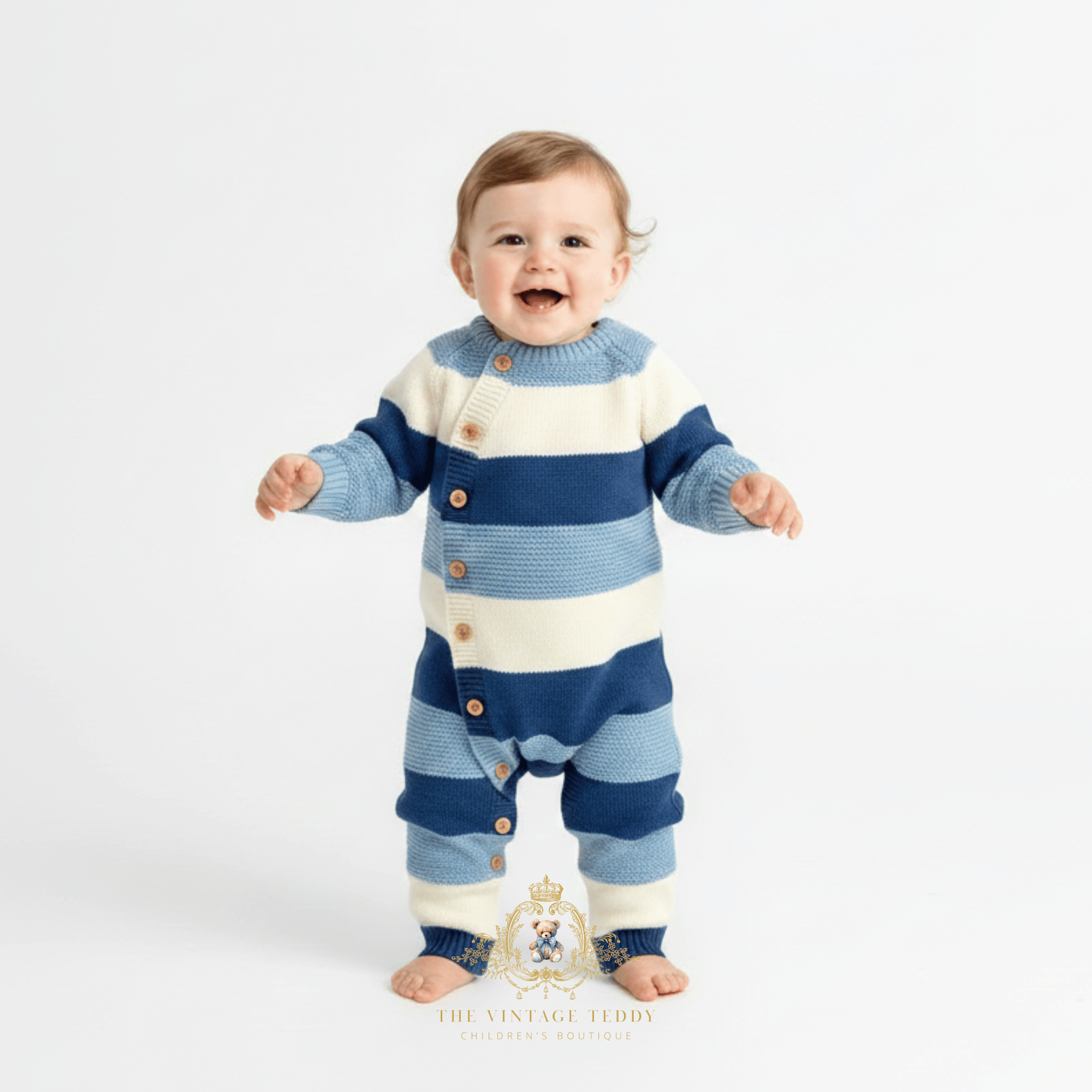 A baby boy standing and smiling while wearing a knitted one-piece romper with horizontal cornflower blue, sky blue, and white stripes. The romper has brown wooden buttons down the front side. Clean white studio background and 'The Vintage Teddy' watermark logo bottom centered.