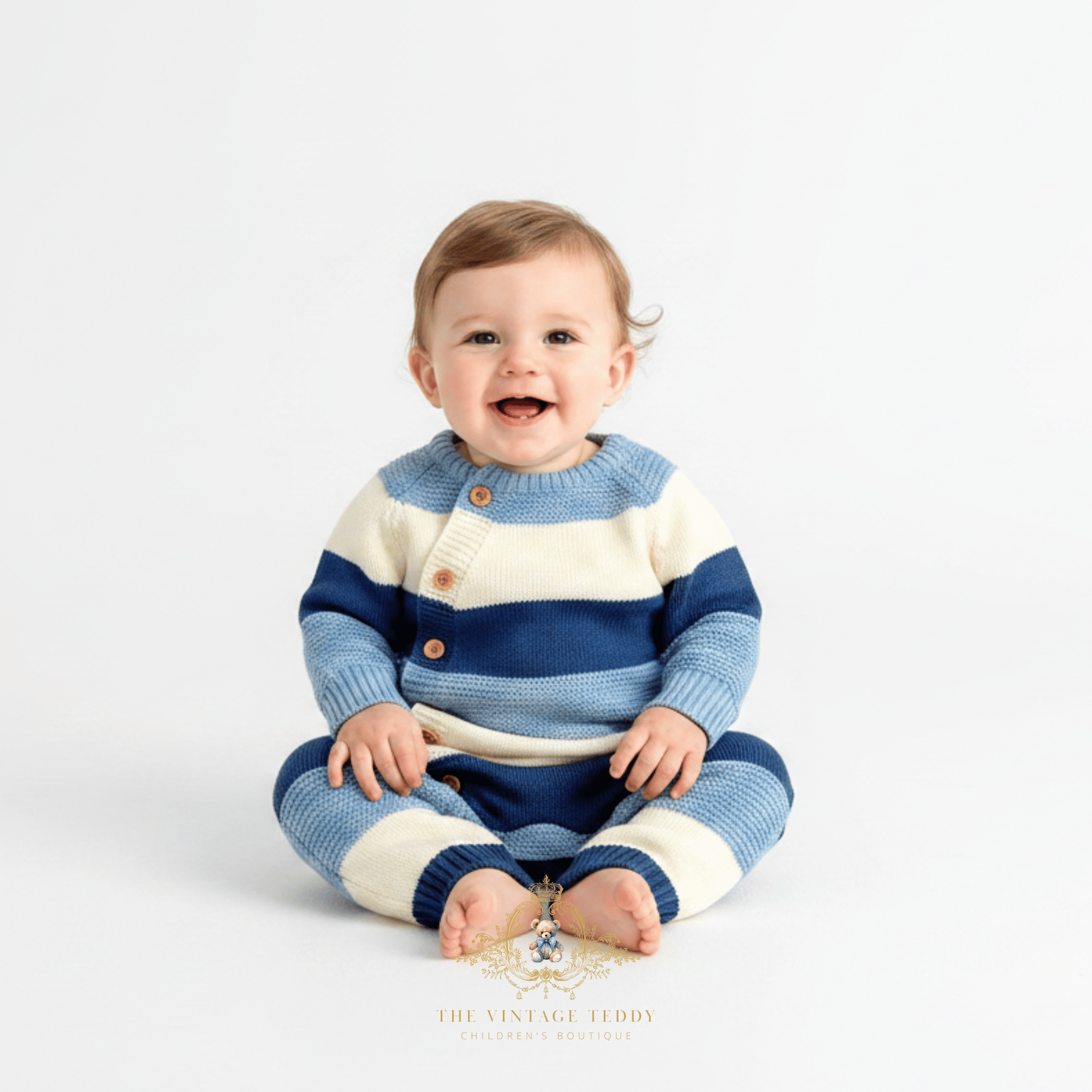 A smiling baby boy sitting wearing a blue and white striped knit one-piece bodysuit,  against a clean white studio background. A watermark at the bottom reads The Vintage Teddy Clothing Boutique.