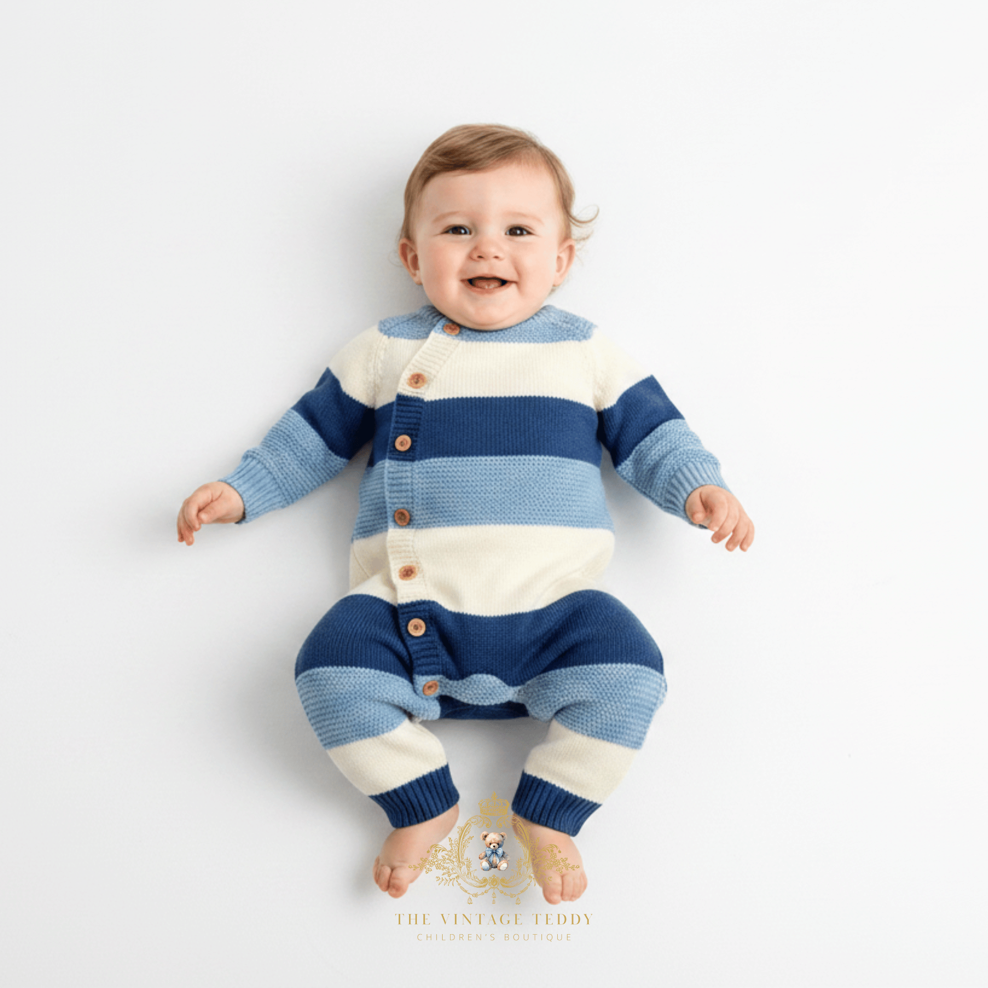 A baby boy lying on a white studio background wearing a knitted long-sleeve romper with horizontal stripes in cornflower blue, sky blue, and white. The romper has brown buttons down the front side and 'The Vintage Teddy' logo watermark is displayed at the bottom of the image.