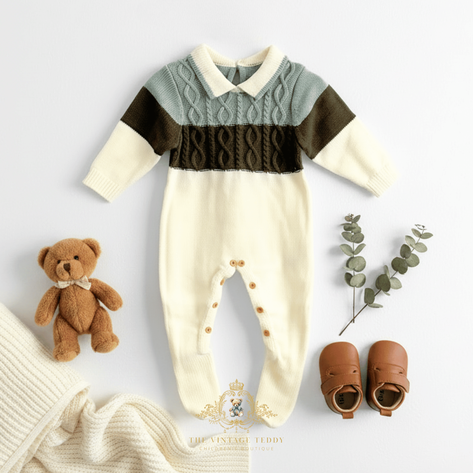 A baby boys long-sleeve footed romper laid flat on a white background, styled with a brown teddy bear, eucalyptus sprig, tan baby shoes, and a cream knit blanket. The romper has a cream base with a pale sage and a olive green cable-knit chest panel, and a cream collar.