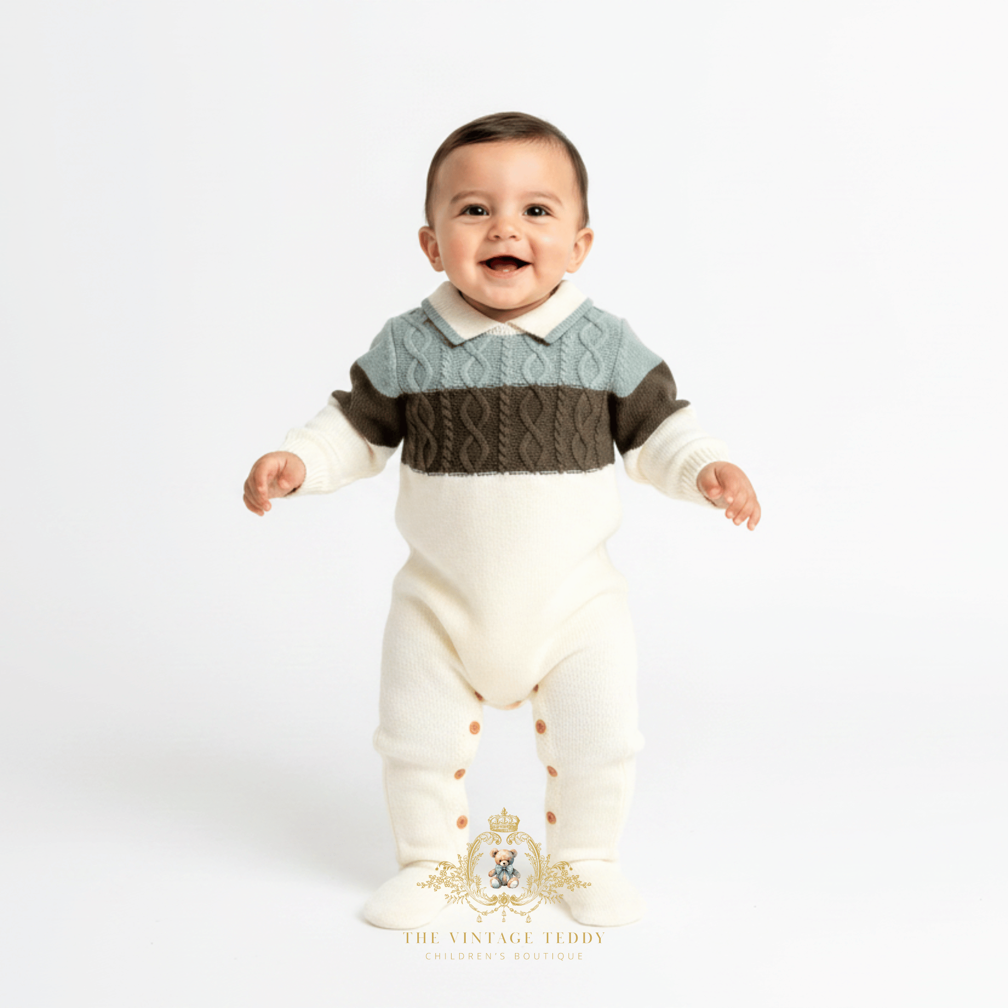 A smiling baby boy standing and wearing a cream knit footed one-piece with a sweater-style romper in sage and olive green. The one-piece has button closures on the legs and a small decorative brand  logo at the bottom.