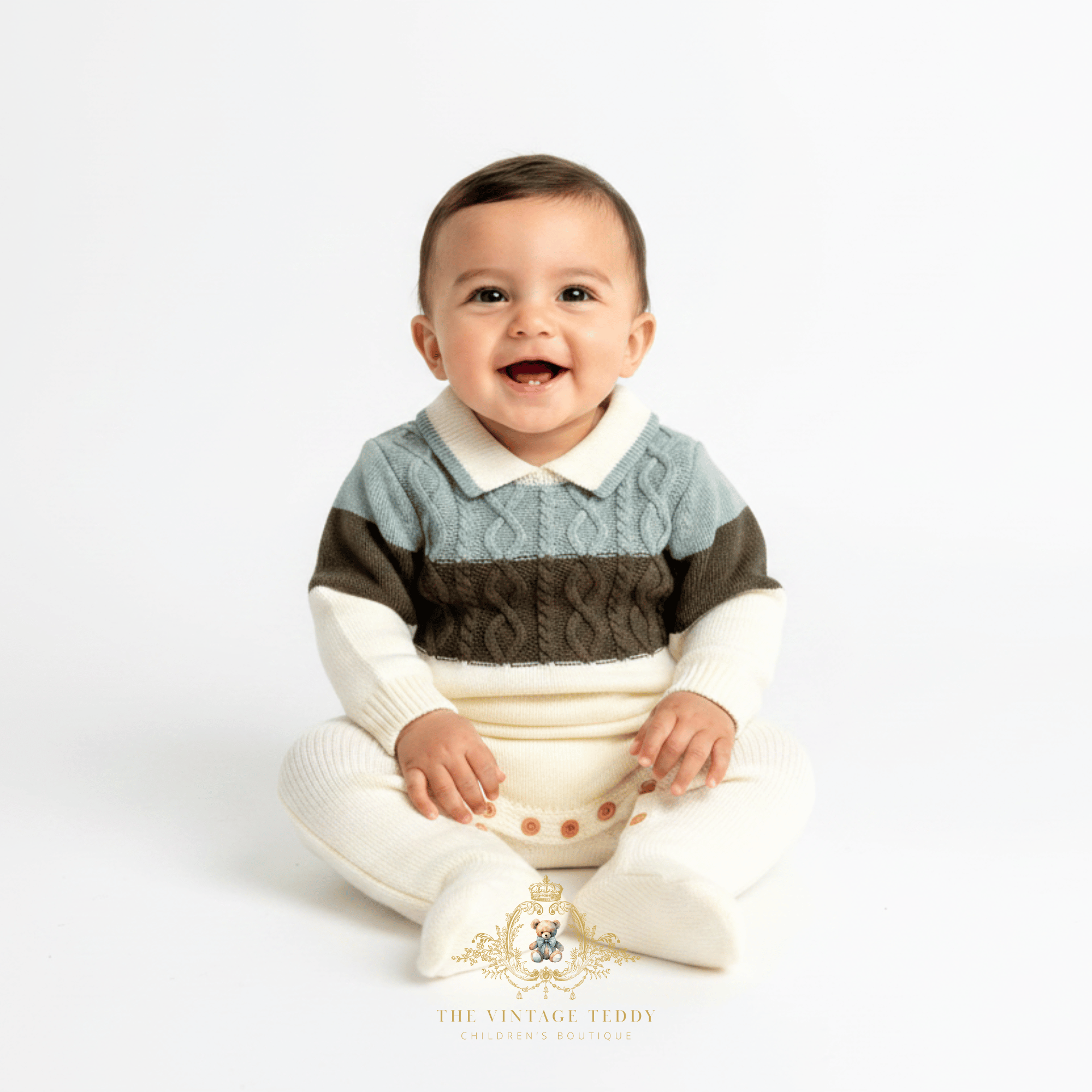 A smiling baby boy sitting, wearing a knit collared sweater one-piece footie baby romper in sage, olive green, and cream. The photo is taken against a seamless white studio background with a watermark 'The Vintage Teddy' logo at the bottom.