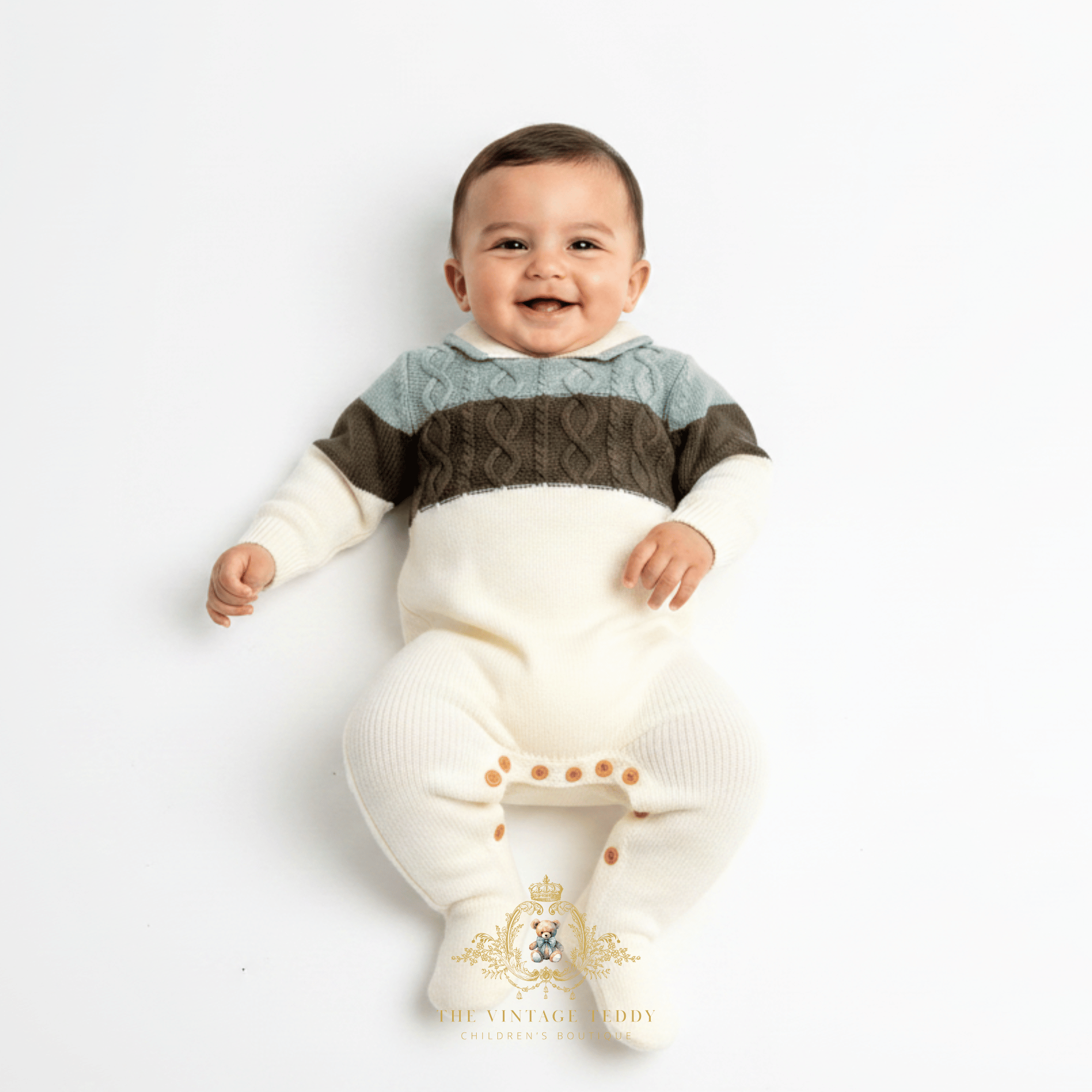 A smiling baby boy lying on their back wearing a cream-colored knit footed bodysuit with a color-blocked chest design in sage, olive green and cream. The image is shot against a clean white background with a watermark 'The Vintage Teddy' logo at the bottom.
