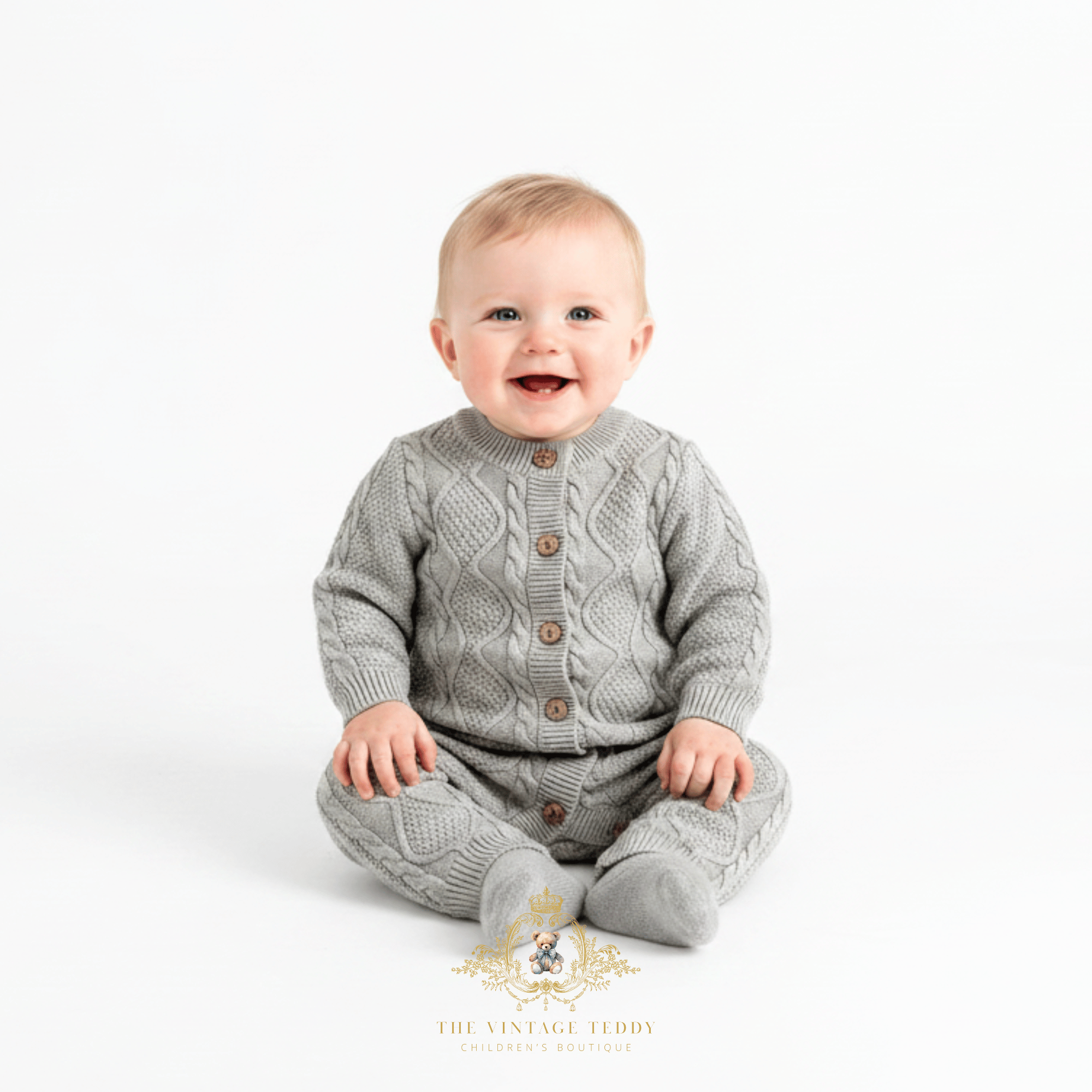 A smiling baby boy sitting on a white studio background, wearing a gray cable-knit one-piece romper with brown buttons. A 'The Vintage Teddy' brand watermark is visible at the bottom.