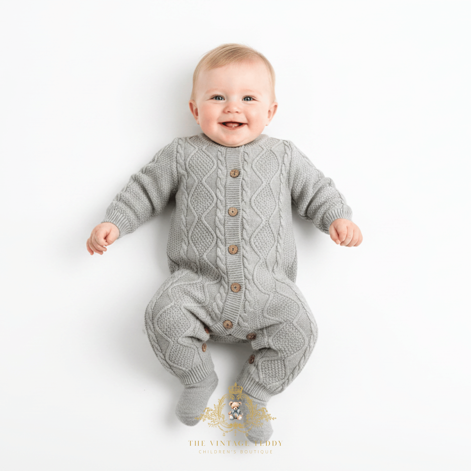 A smiling baby boy lying on his back wearing a light gray cable-knit one-piece baby romper with wooden buttons, photographed against a clean white background.
