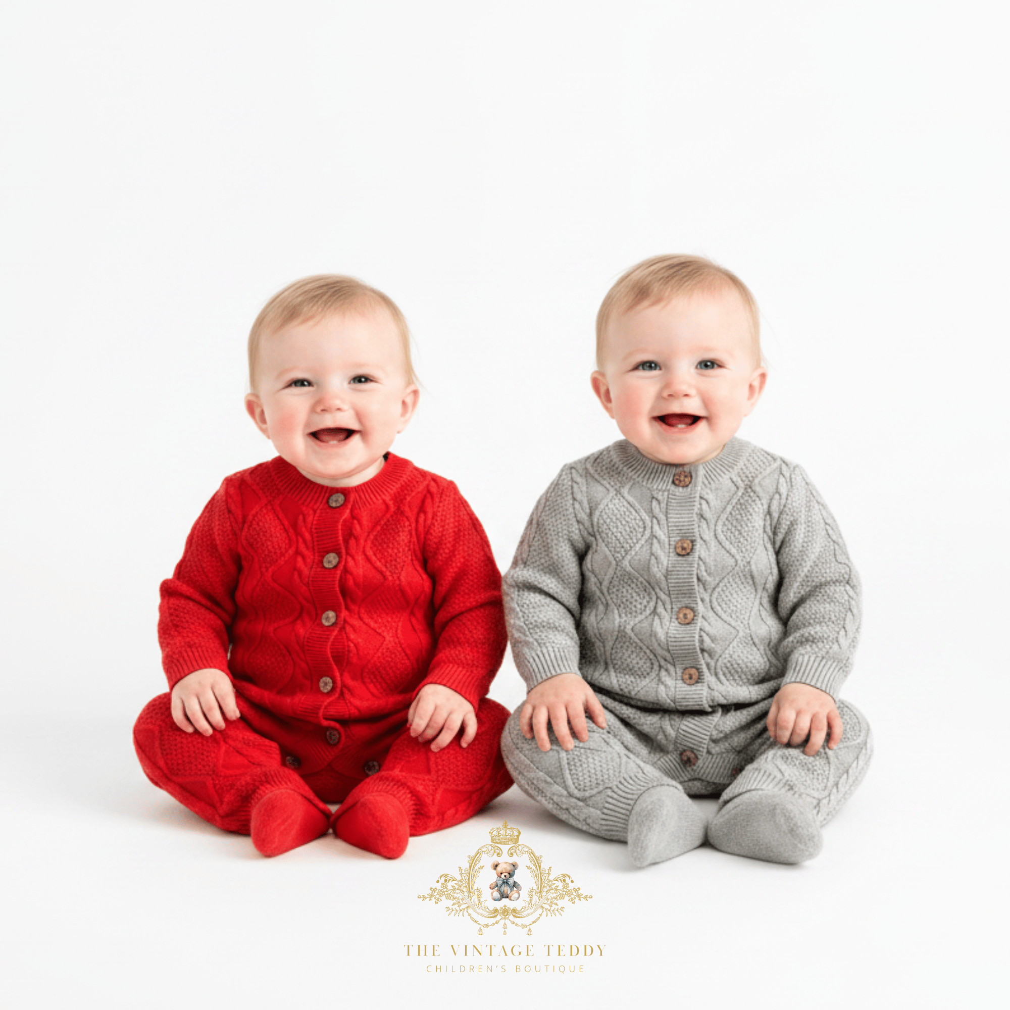 Two smiling babies sitting side by side on a white studio background, wearing matching cable-knit button-front bodysuits in red and gray. A vintage-style logo and the text 'THE VINTAGE TEDDY Clothing Boutique' appear at the bottom center.