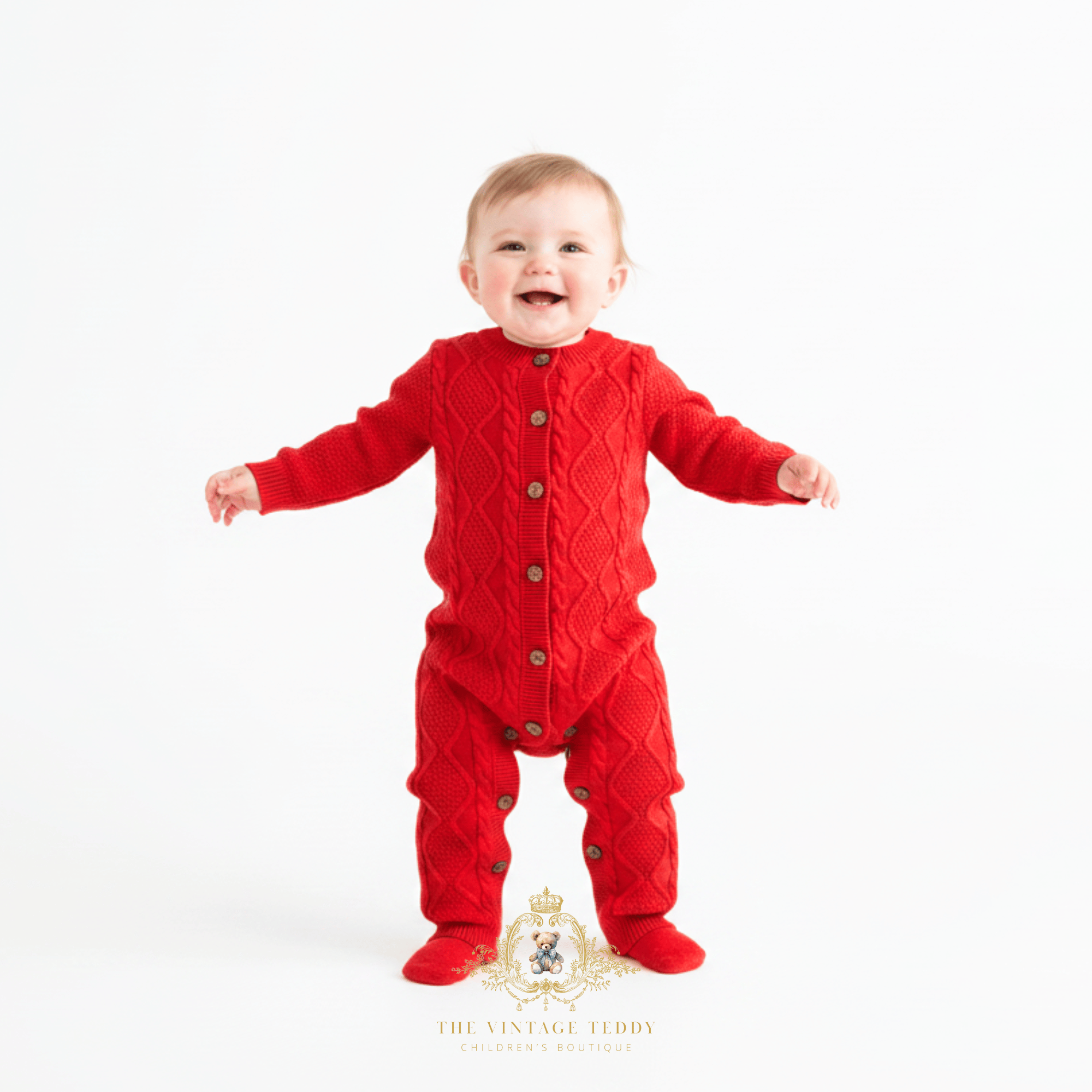Baby girl wearing a bright red cable-knit button-front romper, standing on a seamless white studio background. The brand logo 'The Vintage Teddy Clothing Boutique' is visible at the bottom.