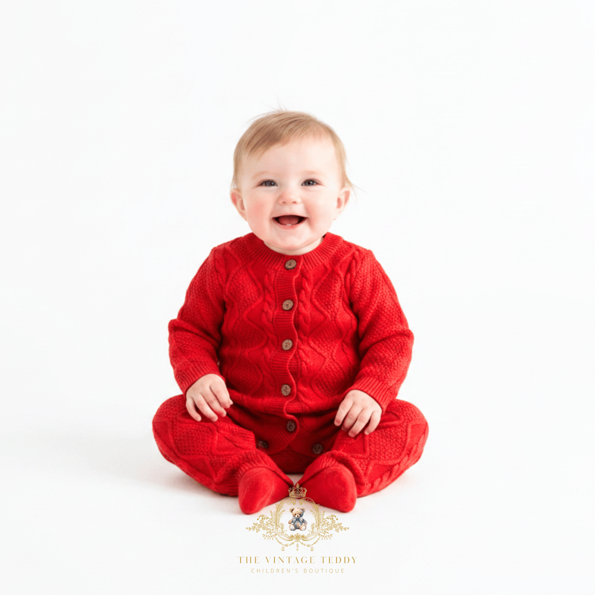 Smiling baby girl sitting on a white studio background, wearing a bright red cable-knit one-piece with front buttons. 'The Vintage Teddy' boutique decorative watermark /logo appears near the bottom center.