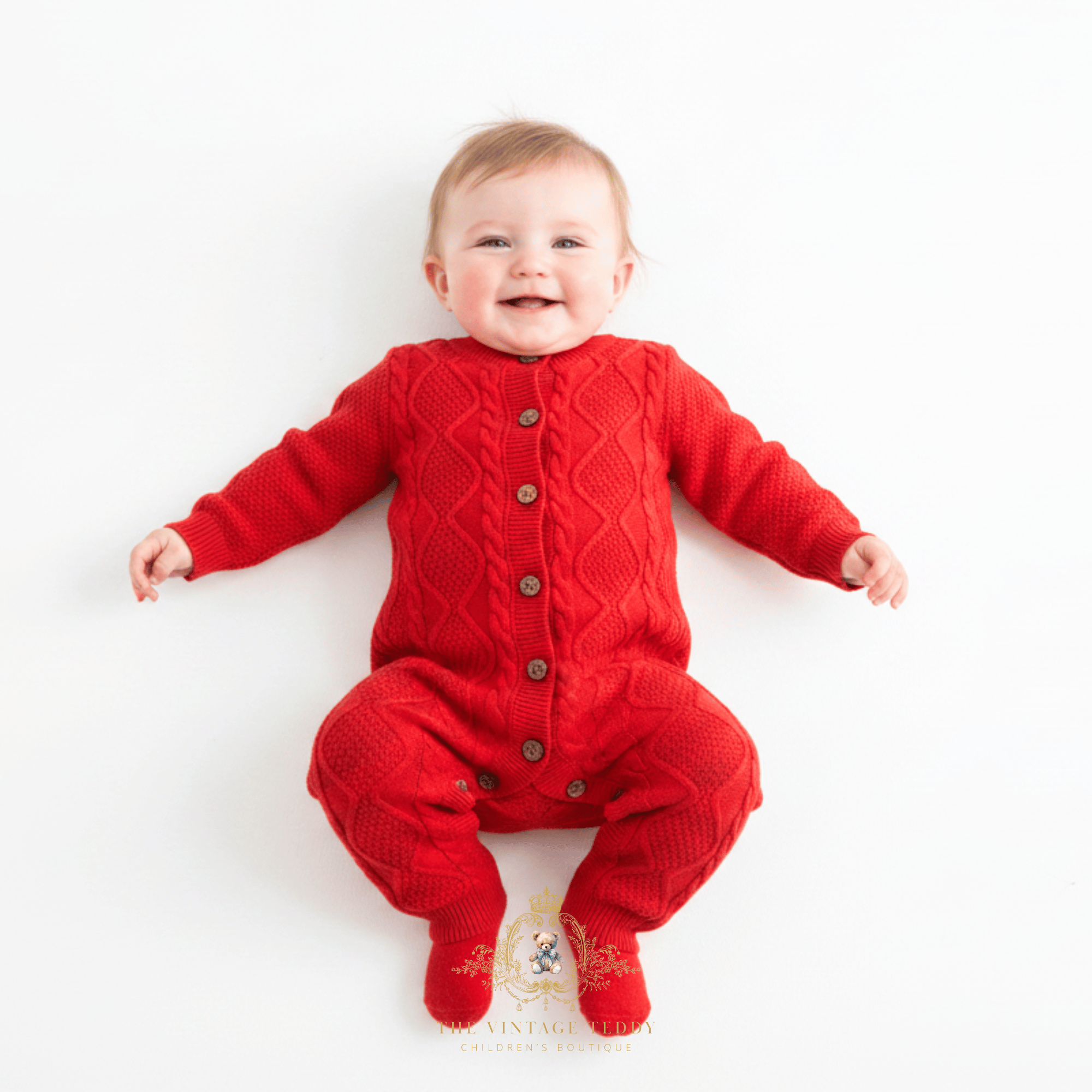 Smiling baby girl lying on her back wearing a bright red cable-knit romper with button closures, photographed against a clean white background.