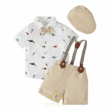 Boys Oxford Button Down Shirt Shorts Bow Tie Suspenders & Hat 5-Piece Matching Set White & Tan Dinosaurs