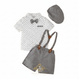 Boys Oxford Button Down Shirt Shorts Bow Tie & Suspenders 5-Piece Matching Set White & Gray Polkadots