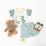 Boys Little Dino matching set styled with kids sneakers and teddy bear toddler summer outfit for kids