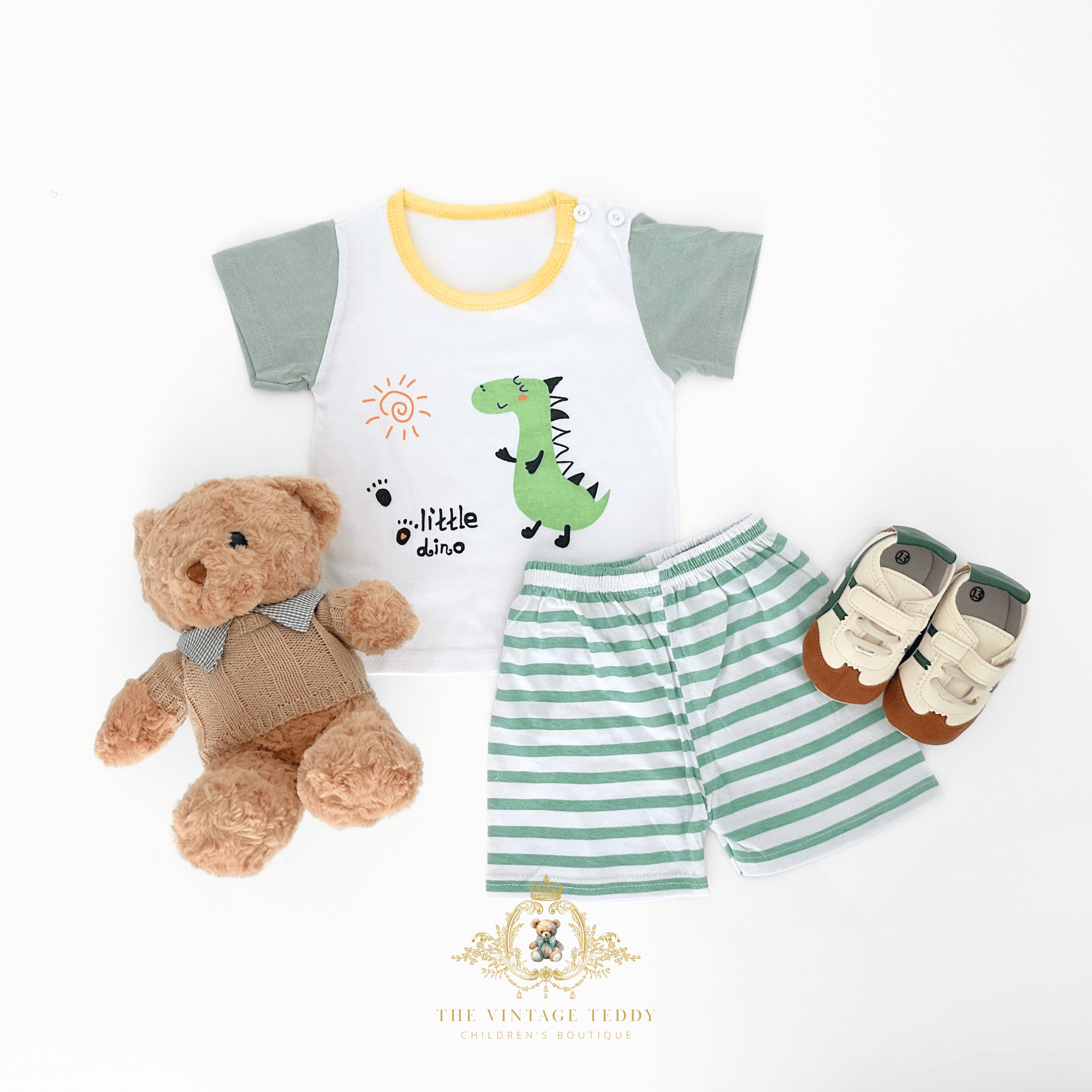 Boys Little Dino matching set styled with kids sneakers and teddy bear toddler summer outfit for kids
