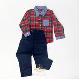 Boys Long Sleeve Oxford Shirt Pants Suspenders & Bow Tie 4-Piece Holiday Matching Set Plaid