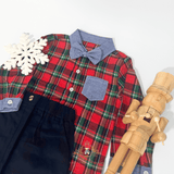 Boys Long Sleeve Oxford Shirt Pants Suspenders & Bow Tie 4-Piece Holiday Matching Set Plaid