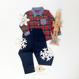 Boys Long Sleeve Oxford Shirt Pants Suspenders & Bow Tie 4-Piece Holiday Matching Set Plaid