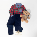 Boys Long Sleeve Oxford Shirt Pants Suspenders & Bow Tie 4-Piece Holiday Matching Set Plaid