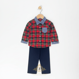 Boys Long Sleeve Oxford Shirt Pants Suspenders & Bow Tie 4-Piece Holiday Matching Set Plaid