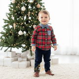 Boys Long Sleeve Oxford Shirt Pants Suspenders & Bow Tie 4-Piece Holiday Matching Set Plaid