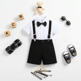 Boys Oxford Button Down Shirt Shorts Bow Tie & Suspenders 4-Piece Matching Set White & Black Polka Dot