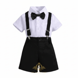 Boys Oxford Button Down Shirt Shorts Bow Tie & Suspenders 4-Piece Matching Set White & Black Polka Dot