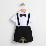 Boys Oxford Button Down Shirt Shorts Bow Tie & Suspenders 4-Piece Matching Set White & Black Polka Dot