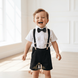 Boys Oxford Button Down Shirt Shorts Bow Tie & Suspenders 4-Piece Matching Set White & Black Polka Dot