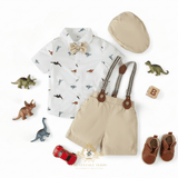 Boys Oxford Button Down Shirt Shorts Bow Tie Suspenders & Hat 5-Piece Matching Set White & Tan Dinosaurs