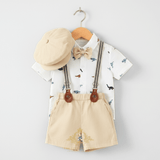 Boys Oxford Button Down Shirt Shorts Bow Tie Suspenders & Hat 5-Piece Matching Set White & Tan Dinosaurs