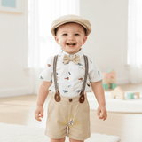 Boys Oxford Button Down Shirt Shorts Bow Tie Suspenders & Hat 5-Piece Matching Set White & Tan Dinosaurs