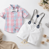 Boys Oxford Button Down Shirt Shorts Bow Tie & Suspenders 4-Piece Matching Set Checkered Pink & Blue