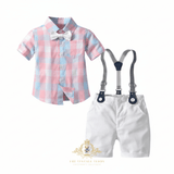 Boys Oxford Button Down Shirt Shorts Bow Tie & Suspenders 4-Piece Matching Set Checkered Pink & Blue