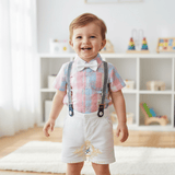 Boys Oxford Button Down Shirt Shorts Bow Tie & Suspenders 4-Piece Matching Set Checkered Pink & Blue