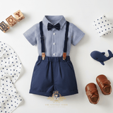 Boys Navy Blue & White Striped Shirt Polka Dot Bow Tie Navy Shorts & Suspenders 4-Piece Matching Set