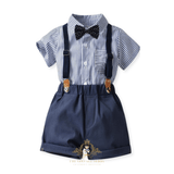 Boys Navy Blue & White Striped Shirt Polka Dot Bow Tie Navy Shorts & Suspenders 4-Piece Matching Set