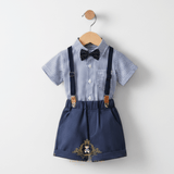 Boys Navy Blue & White Striped Shirt Polka Dot Bow Tie Navy Shorts & Suspenders 4-Piece Matching Set