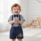 Boys Navy Blue & White Striped Shirt Polka Dot Bow Tie Navy Shorts & Suspenders 4-Piece Matching Set