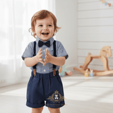 Boys Navy Blue & White Striped Shirt Polka Dot Bow Tie Navy Shorts & Suspenders 4-Piece Matching Set